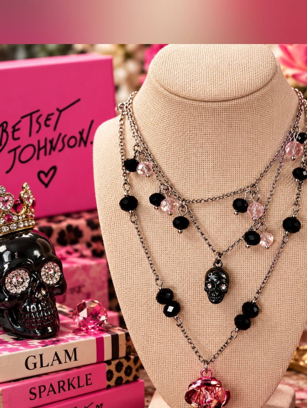 Betsey Johnson Layered Skull Rose Charm Necklace NWT Black Pink Silver Tone